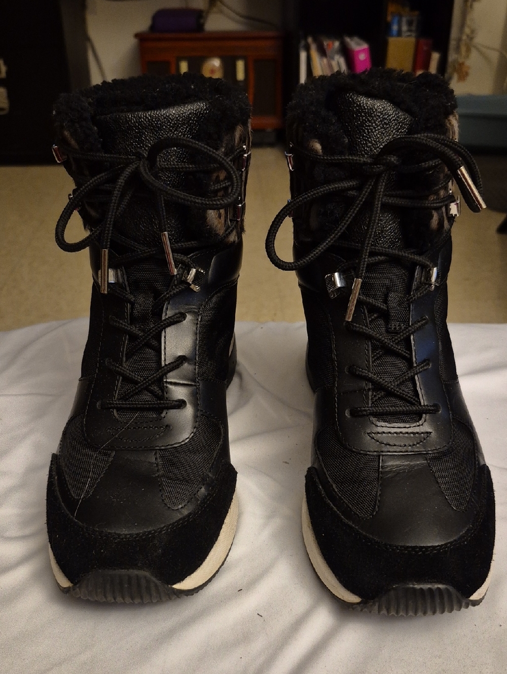 MICHAEL Michael Kors Black Lace-Up Faux Fur Wedge Sneaker Boot